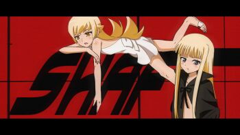  2girls apron bare_arms bare_legs black_border blonde_hair blunt_bangs border bored bow cape closed_mouth collarbone company_connection company_name cosplay evangeline_a.k._mcdowell flipped_hair footwear_bow from_side full_body grid_background hair_between_eyes hair_flaps hand_rest hanging_legs hazuki_(tsukuyomi) hazuki_(tsukuyomi)_(cosplay) jitome leg_up letterboxed light_blush long_hair looking_at_viewer lying mahou_sensei_negima! monogatari_(series) multiple_girls naked_cape on_stomach open_mouth orange_eyes oshino_shinobu pointy_ears purple_eyes red_background ringed_eyes sandals shaft_(company) shoes sonikkusupin straight_hair trait_connection tsukuyomi_moonphase upper_body very_long_hair waist_bow white_apron white_shoes wispy_bangs 