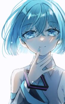  1girl \||/ alternate_hair_length alternate_hairstyle aqua_nails backlighting bare_shoulders black_sleeves blue_eyes blue_hair blue_necktie blue_trim bob_cut closed_mouth collared_shirt commentary_request crossed_bangs detached_sleeves double-parted_bangs finger_to_own_chin grey_shirt hair_behind_ear hair_between_eyes hand_up hatsune_miku highres long_sleeves looking_at_viewer nail_polish necktie saikisaika shirt short_hair simple_background sleeveless sleeveless_shirt smile solo straight-on upper_body vocaloid white_background 