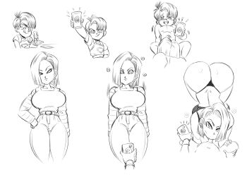  1boy 1girl age_difference android_18 breasts cleavage dragon_ball dragon_ball_super dragonball_z fellatio glassfish highres huge_breasts hypnosis large_breasts mind_control oral shota trunks_(dragon_ball)  rating:Explicit score:90 user:danbooru