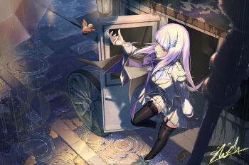  1girl absurdres bird black_thighhighs commentary_request door garter_straps hair_ornament highres hime_cut lize_helesta lize_helesta_(7th_costume) long_hair multicolored_hair nijisanji open_mouth purple_eyes rain sloth_(s1othillust) thighhighs wheel wing_hair_ornament 