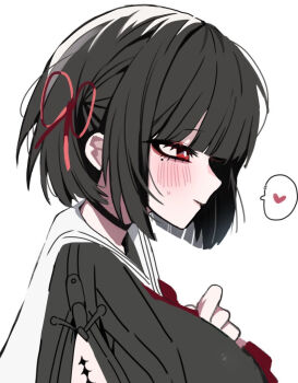  1girl alternate_hair_length alternate_hairstyle arm_cutout arm_tattoo black_choker black_hair black_shirt blunt_bangs blush bob_cut bright_pupils chisa_(wuthering_waves) choker closed_mouth clothing_cutout commentary_request dos_dos121 eyeliner from_side hair_ribbon hand_on_own_chest heart inverted_bob looking_ahead makeup mole mole_under_eye portrait profile red_eyeliner red_eyes red_ribbon ribbon sailor_collar school_uniform shirt short_hair sidelocks solo spoken_heart sweatdrop tacet_mark_(wuthering_waves) tattoo white_pupils white_sailor_collar wuthering_waves 