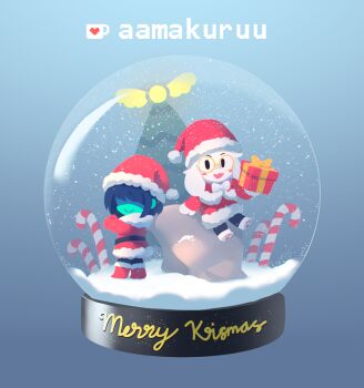  1boy 1other :> aamakuruu alternate_costume androgynous animal_ears artist_name barefoot black_hair blue_skin blush boots box candy candy_cane chibi chibi_only colored_skin commentary deltarune english_commentary food furry furry_male gift gift_box glasses hat holding holding_gift holding_sack in_snow_globe kris_(dark_world)_(deltarune) kris_(deltarune) long_sleeves merry_christmas no_eyes open_mouth ralsei red_boots red_hat round_eyewear sack santa_costume santa_hat shaded_face short_hair sitting smile snow_globe standing tree utdr_(toby_fox) yellow-framed_eyewear 