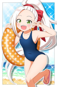  1girl absurdres forehead fudatsuki_kyouko fudatsuki_no_kyouko-chan green_eyes highres ishigakiseiya light_blush loli looking_at_viewer open_mouth red_ribbon ribbon sandals sharp_teeth solo swimsuit teeth victory_pose white_hair 