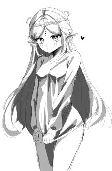  1girl :t absurdres blush breasts cartethyia_(wuthering_waves) closed_mouth collarbone commentary_request cowboy_shot crown_of_thorns dot_nose earrings greyscale haesagadoenraempeuai heart highres jewelry korean_commentary long_hair long_sleeves looking_at_viewer monochrome no_pants nose_blush parted_bangs pointy_ears pout shirt_tug sidelocks simple_background sketch small_breasts small_sweatdrop solo straight_hair tacet_mark_(wuthering_waves) teardrop_earrings thighs v-shaped_eyebrows white_background wuthering_waves 