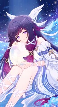  1girl absurdres aqua_feathers black_hair blue_flower blue_petals blunt_bangs closed_mouth collarbone colored_inner_hair columbina_(genshin_impact) commentary_request dress falling_feathers falling_petals feathered_wings feathers feet_out_of_frame flower genshin_impact hair_ribbon head_wings highres long_hair long_sidelocks marekamico multicolored_hair multiple_wings petals pink_eyes pink_hair ribbon sidelocks smile solo very_long_hair white_dress white_ribbon white_wings wings wrist_ribbon 