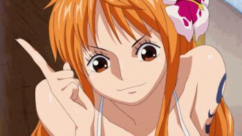  1girl aliasing animated animated_gif bikini bouncing_breasts breasts cleavage female_focus happy large_breasts long_hair lowres nami_(one_piece) one_piece one_piece_special:_episode_0 shiny_skin swimsuit tagme  rating:Sensitive score:53 user:Kyuubi_Killer