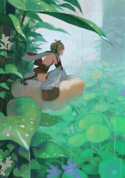  1girl ahoge andira_(granblue_fantasy) animal animal_ears animal_on_head back_bow bare_back bare_hips bare_shoulders beads bird_nest blonde_hair blue_flower bow bush commentary_request detached_sleeves dripping erune female_focus flower flying_nimbus fog frog frog_on_head from_side full_body fur-trimmed_sleeves fur_trim gold_trim granblue_fantasy green_theme hair_beads hair_ornament half-closed_eyes highres in_nest leaf leaning_forward leotard long_sleeves looking_afar mini_person minigirl monkey_ears monkey_girl monkey_tail nature nest obi on_head one_side_up outdoors profile rain red_eyes sash short_hair sitting solo tail thighhighs tree wasabi60 water water_drop white_flower white_leotard white_thighhighs wide_shot wide_sleeves  rating:Sensitive score:8 user:danbooru