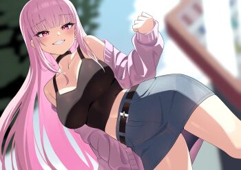  1girl absurdres black_choker black_shirt blue_skirt blurry blurry_background blush breasts casual choker denim denim_skirt dutch_angle grin haku_rege highres hololive large_breasts long_hair long_sleeves mori_calliope navel outdoors pink_eyes pink_hair pink_sweater shirt skirt smile solo sweater very_long_hair virtual_youtuber 