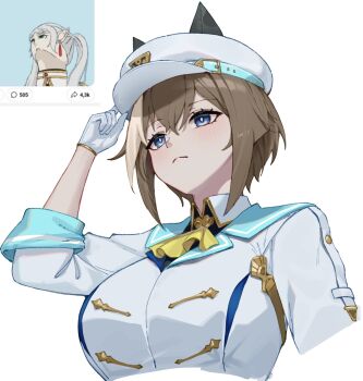  2girls animal_ears ascot blue_eyes blush breasts brown_hair cheval_grand_(grand_itineraire)_(umamusume) cheval_grand_(umamusume) closed_mouth cropped_torso ear_covers earrings ears_through_headwear elf frieren gloves green_eyes hair_between_eyes hat hat_belt head_back highres horse_ears horse_girl iffyru jacket jewelry long_hair long_pointy_ears medium_hair meme multicolored_hair multiple_girls peaked_cap pointy_ears screenshot_inset simple_background single_glove sousou_no_frieren streaked_hair teardrop_earrings twintails umamusume upward_angle_frieren_drawing_(meme) white_background white_gloves white_hair white_hat white_jacket yellow_ascot 