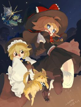  4girls ahoge animal_costume black_capelet black_hat black_shoes black_skirt black_vest blonde_hair blue_eyes blush_stickers bow bowtie braid bright_pupils brown_eyes buttons capelet cat commentary_request cookie_(touhou) dated fish_zeratin full_body hair_bow hakurei_reimu hat highres jumping kirisame_marisa koga_(cookie) looking_at_viewer manatsu_no_yo_no_inmu meguru_(cookie) multiple_girls open_mouth red_bow red_bowtie reindeer_costume ruka_(cookie) shiromiya_rei shirt shoes short_hair side_braid single_braid skirt skirt_set sky sleeves_past_fingers sleeves_past_wrists sleigh smile socks star_(sky) starry_sky touhou vest white_pupils white_shirt white_socks witch_hat yajuu_senpai yellow_cat yuuhi_(cookie) 