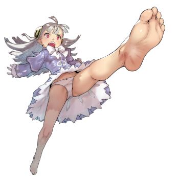  1girl barefoot capcom_fighting_jam feet grey_hair highres ingrid_(capcom) kicking loli long_hair open_mouth panties pantyshot red_eyes soles soon_(c-u-soon) toes underwear upskirt white_background 