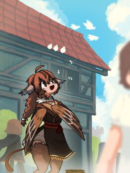  1girl ahoge animal bird bird_legs braid brown_eyes brown_feathers brown_hair commentary crowd ddustiess english_commentary feathered_wings feathers harpy highres long_hair monster_girl music olette_(niniidawns) original outdoors second-party_source singing single_braid solo_focus winged_arms wings 