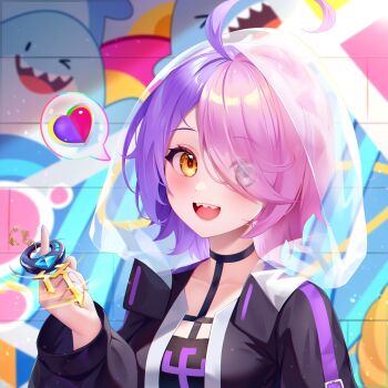  1girl :d ahoge black_choker black_jacket black_shirt blue_eyes blurry blurry_background breasts choker collarbone commentary_request commission depth_of_field eyes_visible_through_hair hair_over_one_eye han_han_she hand_up heart heterochromia highres honkai_(series) honkai_gakuen hood hood_up jacket long_sleeves looking_at_viewer medium_breasts multicolored_hair open_clothes open_jacket open_mouth pink_hair puffy_long_sleeves puffy_sleeves purple_hair revision second-party_source see-through_clothes sharp_teeth shirt sin_mal smear_frame smile solo spoken_heart teeth two-tone_hair upper_body yellow_eyes 