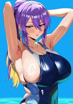  1girl armpit_focus armpits arms_behind_back blonde_hair blue_one-piece_swimsuit blush breasts cleavage closed_mouth colored_inner_hair commentary competition_swimsuit english_commentary gradient_eyes highres hololive hololive_indonesia huge_breasts long_hair moona_hoshinova multicolored_eyes multicolored_hair neige_(pixiv6850453) one-piece_swimsuit ponytail presenting_armpit purple_eyes purple_hair sideboob solo swimsuit two-tone_hair upper_body virtual_youtuber yellow_eyes 