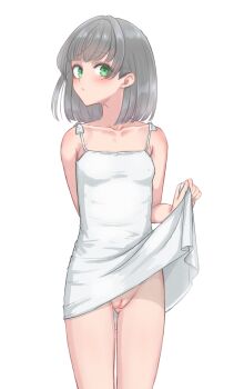  1girl bare_shoulders blush cleft_of_venus clothes_lift collarbone dress dress_lift female_focus flat_chest gluteal_fold green_eyes grey_hair groin highres legs loli looking_at_viewer looking_to_the_side medium_hair mustee no_panties original presenting presenting_pussy pussy simple_background solo standing thighs uncensored white_background white_dress  rating:Explicit score:205 user:secret64
