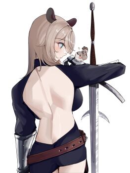  1girl ? absurdres animal_ears backless_outfit belt bird bird_on_hand black_dress brown_hair commentary dress english_commentary gauntlets green_eyes highres indie_virtual_youtuber knight long_hair nimi_nightmare punpond sword tapir_ears tapir_girl thigh_sheath virtual_youtuber weapon weapon_request 