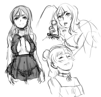  10s 1futa 1girl bra breasts reference_sheet collar futa_with_female futanari highres kunikida_hanamaru love_live! love_live!_sunshine!! monochrome navel oral panties penis tsushima_yoshiko underwear white_background  rating:Explicit score:11 user:Vivu