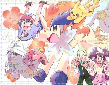  1girl 2boys ash_ketchum black_hair blush bow bowtie brown_eyes cilan_(pokemon) clenched_hands commentary_request confetti darumaka flower gen_1_pokemon gen_5_pokemon green_eyes green_hair hair_ornament happy hat holding iris_(pokemon) jacket keldeo keldeo_(ordinary) legendary_pokemon long_hair multiple_boys mythical_pokemon nintendo open_mouth pika2pocket pikachu pokemon pokemon_(anime) pokemon_(creature) pokemon_bw_(anime) purple_hair smile twintails twitter_username very_long_hair vest 