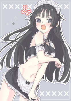  1girl absurdres akiyama_mio alternate_costume anger_vein apron arm_strap bikini bikini_skirt black_bikini black_eyes black_hair blush commentary_request cowboy_shot frilled_bikini frills grey_background highres k-on! kazakiri_form long_hair looking_at_viewer maid maid_bikini maid_headdress navel open_mouth skirt skirt_tug solo swimsuit tearing_up unconventional_maid waist_apron white_apron 