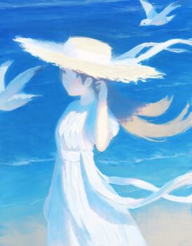  1girl adjusting_hair bird blonde_hair blue_eyes breasts closed_mouth commentary feet_out_of_frame fjsmu from_above hat hat_ribbon highres long_hair looking_at_viewer medium_breasts ocean one_eye_closed original ribbon scenery seabird seagull short_sleeves solo summer sun_hat waist_ribbon waves white_ribbon 