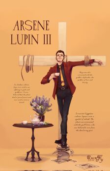  1boy arsene_lupin_iii art_sweety artist_name belt belt_buckle black_belt black_hair black_pants black_shirt black_shoes buckle character_name commentary cross crucifixion cup english_commentary english_text facial_hair flower full_body highres holding holding_cup jacket long_sleeves looking_at_viewer lupin_iii male_focus medium_sideburns necktie open_clothes open_jacket outstretched_arm pants paper papers_on_floor purple_flower red_jacket shirt shoes short_hair sideburns smile solo table teacup teapot tie_clip vase yellow_necktie 