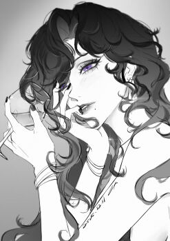  arm_tattoo bare_arms cat's_eye chinese_commentary commentary cup curly_hair diffraction_spikes drinking_glass earrings from_side glint greyscale hair_over_one_eye hand_on_own_face head_rest highres holding holding_cup jewelry kisugi_rui looking_to_the_side maila_moguyu mole mole_under_mouth monochrome nail_polish parted_lips purple_eyes smile solo spot_color tattoo upper_body wine_glass 
