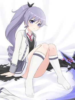  1girl absurdres feet highres light_blush long_hair looking_at_viewer ongeki ponytail purple_eyes purple_hair samiko socks takase_rio white_socks 
