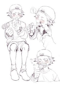  ! 2boys backwards_hat baseball_cap blush candy commentary disembodied_hand donut eating english_commentary enjin_(gachiakuta) fangs food food_on_face full_body gachiakuta gloves greyscale hat highres lollipop male_focus monochrome multiple_boys nail_polish out_of_frame rudo_surebrec ruya098765 sharp_teeth short_eyebrows short_hair shorts sitting socks spoken_exclamation_mark swirl_lollipop teeth translation_request wiping_face 