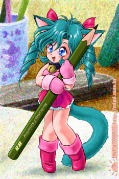  1girl akira_m animal_ears aqua_hair artist_name bell black_collar cat_ears cat_girl cat_tail collar dated deformed fang full_body gloves hair_ribbon holding holding_pencil indoors jingle_bell knees_together_feet_apart long_hair looking_up mini_person minigirl miniskirt mittens neck_bell on_book open_mouth original pencil pink_gloves pink_shirt pink_skirt pleated_skirt red_ribbon ribbon ringlets shirt skirt smile solo standing strapless strapless_shirt tail teeth twintails upper_teeth_only watermark web_address 