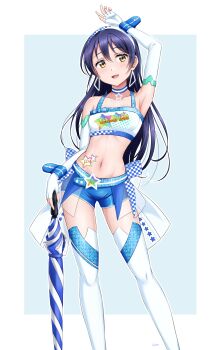  1girl :d absurdres arm_up armpits bare_shoulders blue_choker blue_hair blue_shorts blush breasts choker ckst contrapposto crop_top earrings elbow_gloves feet_out_of_frame fingerless_gloves gloves groin hairband highres jewelry long_hair long_legs looking_at_viewer love_live! love_live!_school_idol_festival love_live!_school_idol_festival_after_school_activity love_live!_school_idol_project midriff navel open_mouth pendant race_queen short_shorts shorts small_breasts smile solo sonoda_umi swept_bangs tank_top thighhighs triangle_earrings umbrella white_gloves white_hairband white_tank_top white_thighhighs wrist_cuffs yellow_eyes 