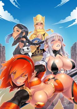  1boy 2019 3girls armor ass bent_over black_gloves black_hair blonde_hair blue_sky braid braided_ponytail breasts brown_eyes center_opening cleavage clothing_request cloud curled_horns dated demon_girl elbow_gloves fangs frills gloves gluteal_fold gojou_(secret_journey) gokuu_(secret_journey) green_eyes grin hair_ornament hairclip hakkai_(secret_journey) heart hood hoodie horns huge_breasts large_breasts legs_apart long_hair long_sidelocks looking_at_viewer multiple_girls orange_eyes outdoors parted_lips po-ju pointy_ears red_hair revealing_clothes ribs sanzoo_(secret_journey) secret_journey shoulder_armor shoulder_spikes sideboob sidelocks signature sky sleeves_past_wrists slit_pupils smile spikes standing teeth trap very_long_hair white_hair yellow_hoodie 