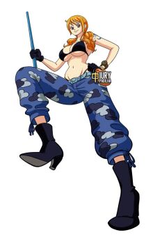  1girl alternate_costume alternate_hairstyle artist_name bikini bikini_under_clothes black_bikini blue_pants breasts brown_eyes clima-tact curvy from_below gloves high_heels highleg highleg_bikini holding holding_staff iury_padilha large_breasts looking_at_viewer low_twintails nami_(one_piece) navel official_alternate_costume official_alternate_hairstyle one_piece one_piece_heart_of_gold orange_hair pants shoulder_tattoo smile staff swimsuit tattoo thong twintails wide_hips 