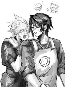  2boys alternate_costume apron belt blush chain chain_necklace character_print chibi chibi_inset closed_eyes cloud_strife crisis_core:_final_fantasy_vii earrings final_fantasy final_fantasy_vii final_fantasy_viii gloves hands_on_another's_shoulders happy highres jewelry lion looking_at_another male_focus multiple_boys necklace official_alternate_hairstyle open_mouth scar scar_on_face shen_0012 shinra_infantry_uniform short_hair spiked_hair squall_leonhart sweatdrop yaoi 