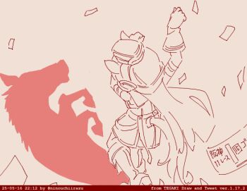  12_billion_yen_incident 1girl betting_ticket cat_shadow_puppet_(meme) dated from_above gloves gold_ship_(racehorse) gold_ship_(umamusume) horse horse_girl horse_pose imageboard_colors long_hair meme nino_(ninouchi_irazu) pillbox_hat red_theme shadow solo tegaki_draw_and_tweet twitter_username umamusume 