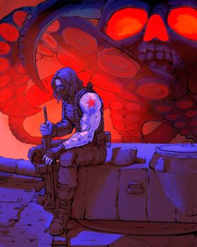  1boy aolihui_art black_gloves boots bucky_barnes captain_america:_the_winter_soldier captain_america_(series) fingerless_gloves full_body gloves gun highres holding holding_gun holding_weapon machine_gun male_focus marvel mask mechanical_arms military_uniform mouth_mask parted_bangs photoshop_(medium) prosthesis prosthetic_arm single_mechanical_arm sitting solo weapon winter_soldier 