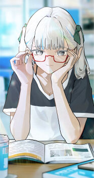 1girl absurdres alternate_costume bespectacled black_straps blurry blurry_background book bow bra_strap breasts bright_pupils cleavage closed_mouth colored_eyelashes commentary cup disposable_coffee_cup disposable_cup english_commentary glasses green_bow hair_bow highres jinhsi_(wuthering_waves) light_smile looking_at_viewer medium_hair multiple_hair_bows open_book red-framed_eyewear revision ryeon_(naturesan) semi-rimless_eyewear shirt small_breasts solo under-rim_eyewear white_eyelashes white_eyes white_hair white_pupils white_shirt wuthering_waves rating:Sensitive score:4 user:danbooru