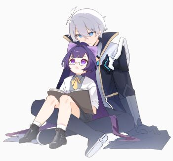  1boy 1girl age_difference aged_down alternate_costume alternate_universe blue_eyes blunt_bangs book bow chinese_commentary closed_mouth coat collared_shirt commentary_request couple glasses grey_background hair_between_eyes hair_bow height_difference hetero high_collar highres honkai_(series) honkai_impact_3rd indian_style intermittent-reset kevin_kaslana light_smile looking_down looking_up mei_(honkai_impact) necktie open_book open_mouth pants pedophile purple_eyes purple_hair shirt shorts simple_background sitting sitting_on_person white_hair 