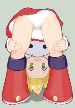 1girl :d anus ass blonde_hair blush boots cameltoe dress female_focus from_behind full_body green_eyes grey_background highres kitami_tsuzuka kneepits loli looking_at_viewer looking_back looking_through_own_legs mega_man_(classic) mega_man_(series) open_mouth panties partially_visible_vulva red_boots roll_(mega_man) shadow simple_background smile solo standing underwear upside-down upskirt white_panties rating:Questionable score:115 user:danbooru