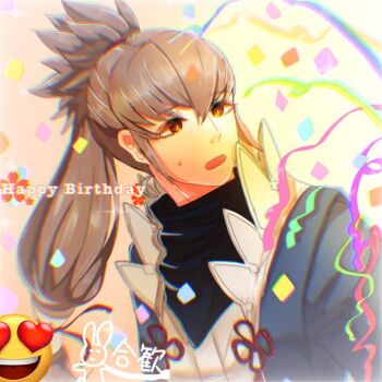  1boy commentary_request fire_emblem fire_emblem_fates grey_hair hair_ribbon happy_birthday high_ponytail japanese_clothes long_hair looking_at_viewer male_focus nintendo open_mouth ponytail red_ribbon ribbon solo takumi_(fire_emblem) ubsd18 