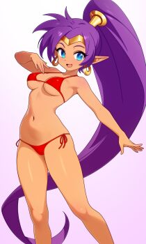 1girl absurdres bikini blue_eyes breasts collarbone commentary dark-skinned_female dark_skin dullahan_(alekey_art) earrings english_commentary gradient_background halterneck highres hoop_earrings jewelry long_hair looking_at_viewer medium_breasts navel open_mouth ponytail purple_hair red_bikini shantae shantae_(series) side-tie_bikini_bottom smile solo standing string_bikini swimsuit tan very_long_hair  rating:Sensitive score:37 user:danbooru