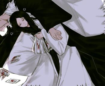  1boy 1girl anima_tion_1 bandages black_hair bleach bleach:_sennen_kessen-hen blood braid closed_eyes facial_scar haori highres holding holding_bandages japanese_clothes scar scar_on_cheek scar_on_face scar_on_mouth shihakusho sleeping taichou_haori twin_braids unohana_retsu white_haori wide_sleeves zaraki_kenpachi 