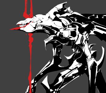  bident grey_background highres holding holding_weapon lance_of_longinus_(evangelion) mass_production_eva mecha monochrome nekoixa neon_genesis_evangelion polearm robot shadow solo spot_color teeth weapon  rating:Sensitive score:5 user:danbooru