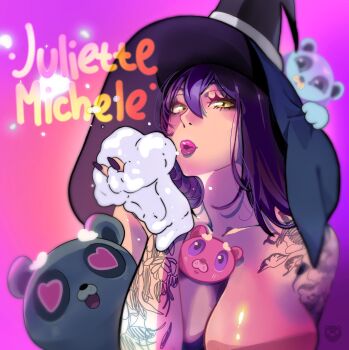  1girl arm_tattoo bear blowing blowing_bubbles blush_stickers breasts character_name cleavage dimaslash fingernails hat heart heart-shaped_eyes highres huge_breasts juliette_michele_(bishoujomom) large_breasts lips looking_at_viewer mature_female nail_polish purple_hair purple_nails real_life shiny_skin shoulder_tattoo simple_background soap soap_bubbles solo tattoo witch_hat yellow_eyes 