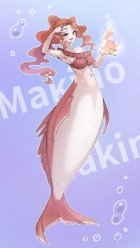  1girl :d air_bubble aqua_eyes arm_up armpits bare_shoulders bikini bikini_top_only blue_background blue_eyeshadow breasts bubble character_name collarbone commentary_request eyeshadow fins fire full_body groin head_fins highres komena_(shinyday312) large_breasts looking_at_viewer makeup mermaid monster_girl navel open_mouth original pyrokinesis red_bikini red_hair red_scales scales sidelocks smile solo stomach strapless strapless_bikini swimsuit underwater white_scales 