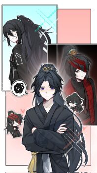  1boy 1girl bandage_over_one_eye black_hair black_hanfu blue_eyes blue_hair chibi chibi_inset chinese_clothes chinese_commentary commentary_request crossed_arms dual_persona feifeifwwww hanfu heart heterochromia high_ponytail highres hong_lu_(project_moon) hongyuan_(identity)_(project_moon) limbus_company lin_daiyu_(project_moon) long_hair long_sleeves looking_back outline ponytail project_moon red_bandage red_shrug rope_belt shrug_(clothing) smile sparkle spoken_squiggle squiggle very_long_hair white_outline 