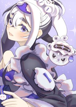  1girl absurdres alternate_costume apron black_dress blue_eyes box commentary_request creature dress enmaided frilled_apron frills gloves grey_background highres kamoi_(kancolle) kamoi_(valentine)_(kancolle) maid maid_headdress multicolored_hair neko_to_imo sparkle_background thick_eyebrows two-tone_hair upper_body white_gloves white_hair 