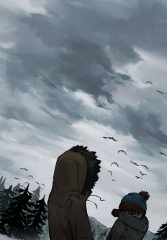  2boys beanie bird brown_jacket chun_baii cloud cloudy_sky commentary_request covering_face facing_away floating_clothes gloves grey_sky hat highres hood hood_up jacket kenny_mccormick male_focus multiple_boys pine_tree red_gloves sky south_park stan_marsh tree 