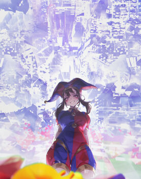  1girl absurdres blue_eyes blue_hat blue_shirt blue_shorts breasts brown_hair commentary english_commentary hat highres jester jester_cap jester_costume long_hair medium_breasts multicolored_eyes multicolored_hat multicolored_shirt multicolored_shorts pomni_(the_amazing_digital_circus) red_eyes red_hat red_shirt red_shorts shirt shoes shorts smile sushispin the_amazing_digital_circus twintails 
