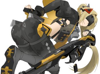  1girl absurdres black_pants black_shrug blindfold_mask blonde_hair camouflage camouflage_jacket camouflage_pants commentary_request covered_eyes fingerless_gloves gloves gun hair_ornament highres holding holding_gun holding_weapon jacket latex_pants long_hair mask pants ponytail rifle rinaka shrug_(clothing) smile sniper_rifle solo tight_clothes tight_pants triangle_hair_ornament trigger_(zenless_zone_zero) underwear weapon white_background zenless_zone_zero 