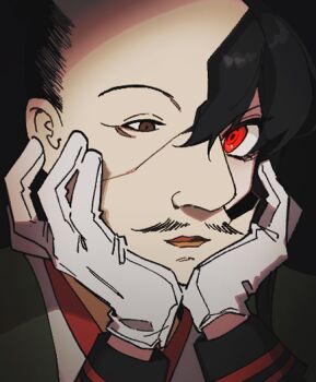  black_hair cracked_kawaii_mask cracked_mask facial_hair fate/grand_order fate_(series) gloves hands_on_own_chin head_rest looking_at_viewer mustache oda_nobunaga oda_nobunaga_(fate) oda_nobunaga_(koha-ace) red_eyes sempon_(doppio_note) white_gloves 